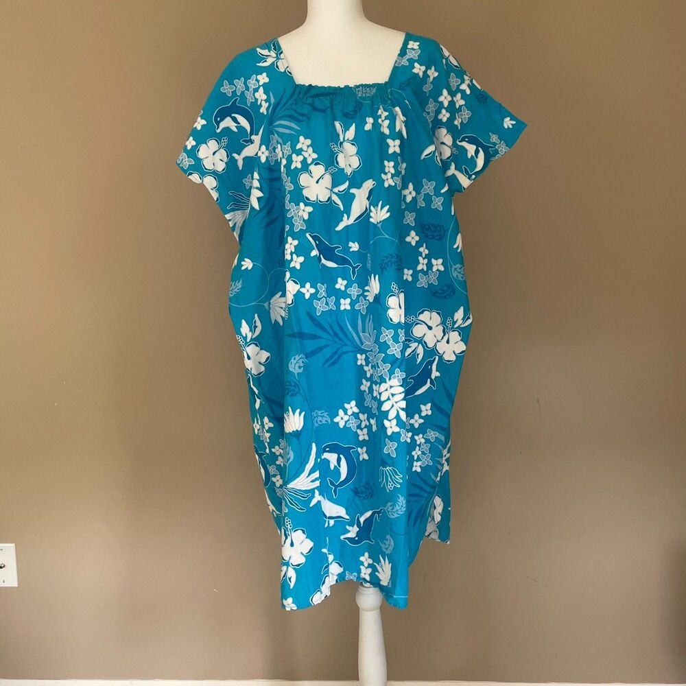 Cabali Womens Hawaiian Muumuu Floral Aqua Cotton Gown Resort Loose-Fit Comfy